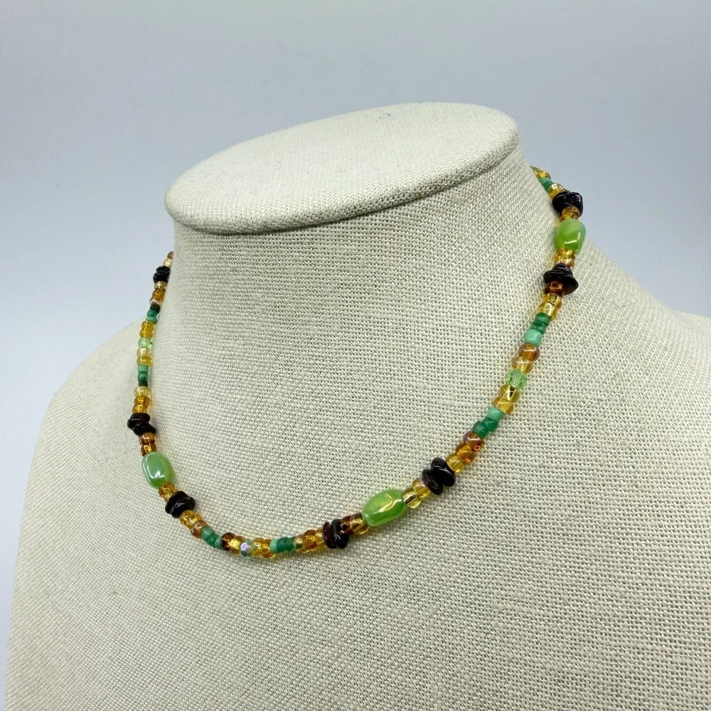 Necklace Vintage Green Amber Tone Glass Beaded Cottagecore Boho Statement Chain
